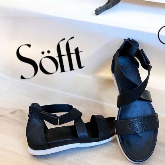Söfft Fiora Women's Strappy Black Soft Leather Sandals Zip Back Velcro Side 8.5 - Picture 1 of 9